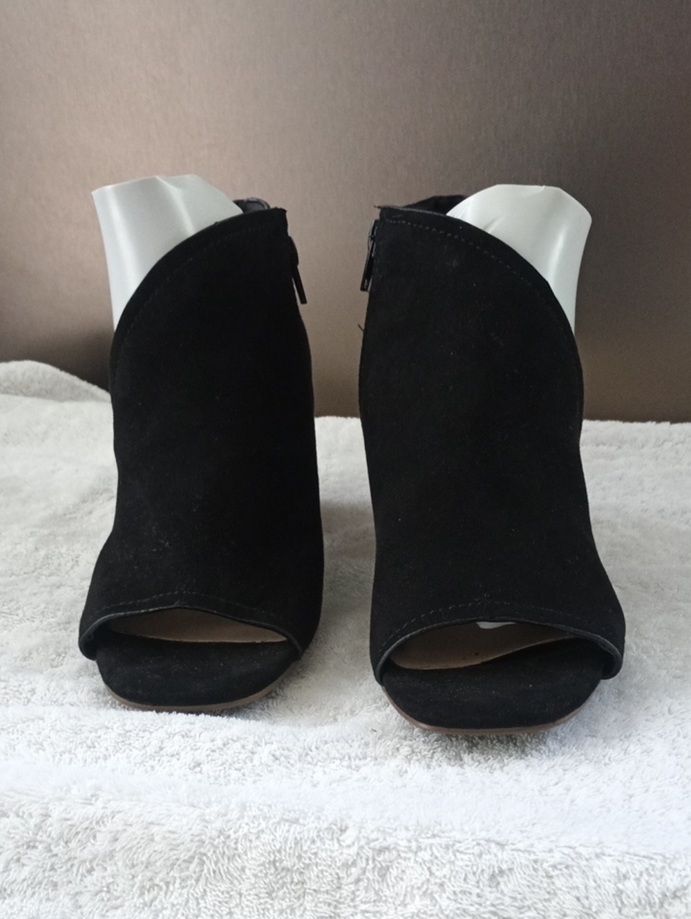 Fergalicious Black Suede Peep-Toe Mule Booties